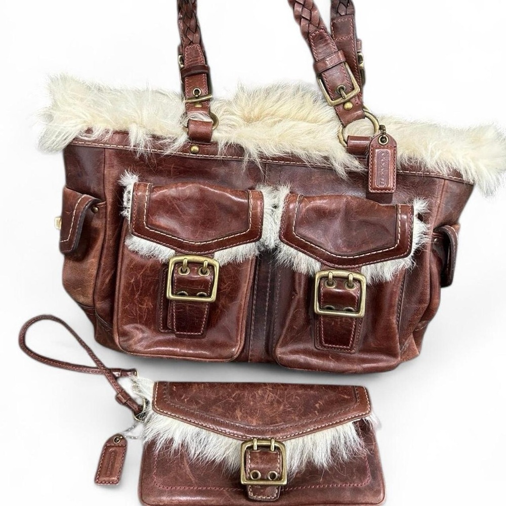 Coach Brown and White Shoulder Bag with Fur Trim